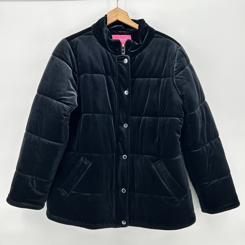 Isaac Mizrahi Velvet Puffer Jacket Womens M Black Quilted Coat Cozy Warm NWOT